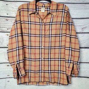 Blair Women’s Button Front Shirt Petite Medium PM Tan Plaid Long Sleeve 100% Cot